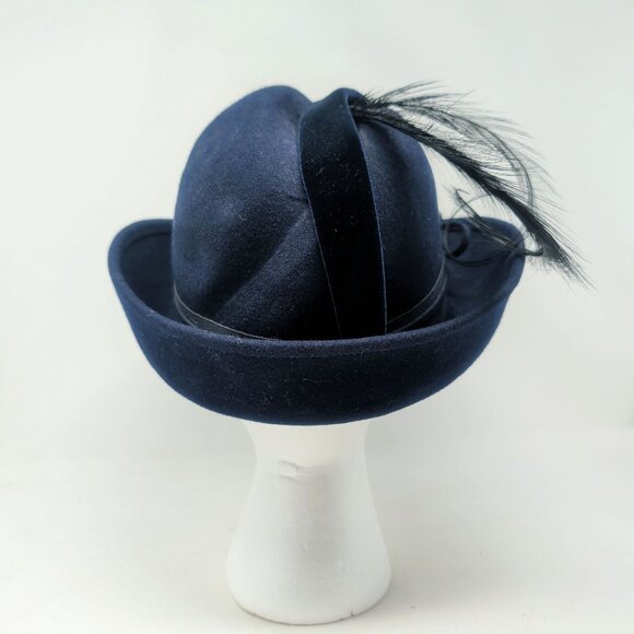 Vintage Silvia Hat Felt Stiff Blue Felt Feather Breton - Picture 4 of 11
